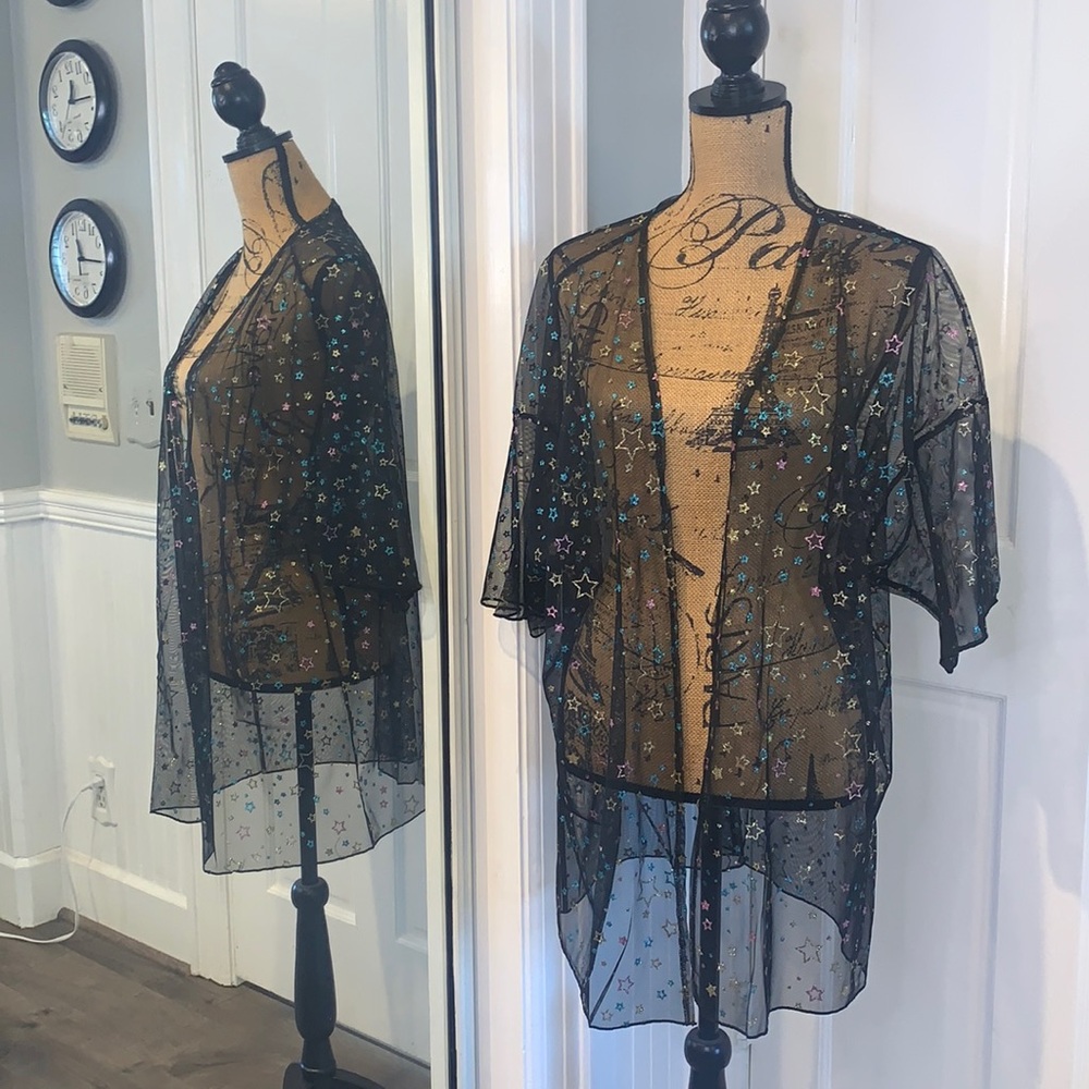 Hot Topic Black Glitter Star Sheer Open Front Short Kimono NWOT XL